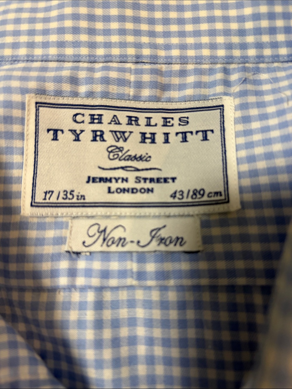 Charles Tyrwhitt non-iron dress shirt. Light blue check; 17 35” Like new!